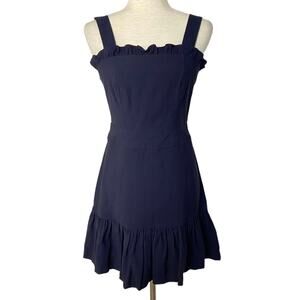 AQUA Ruffle Trim Fit and Flare Mini Dress Navy Blue Smocked Summer Preppy